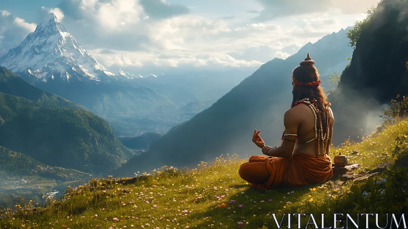 Meditating ascetic overlooking sunlit alpine valley panorama