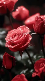 Red roses with water droplets on dark background at close range