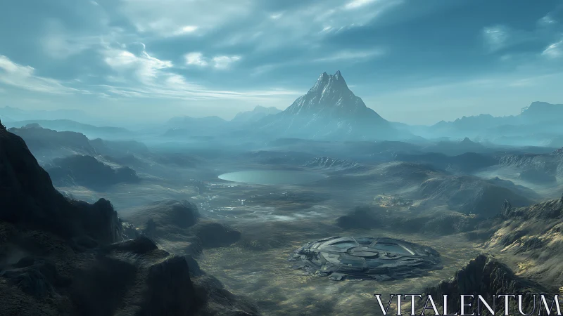 Concept art of alien basin with buried circular starport structure.