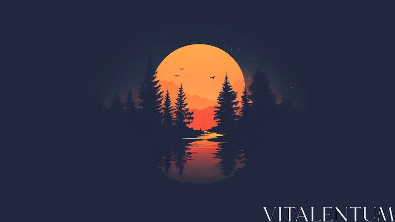 Golden moonrise gently glows above quiet forest waters