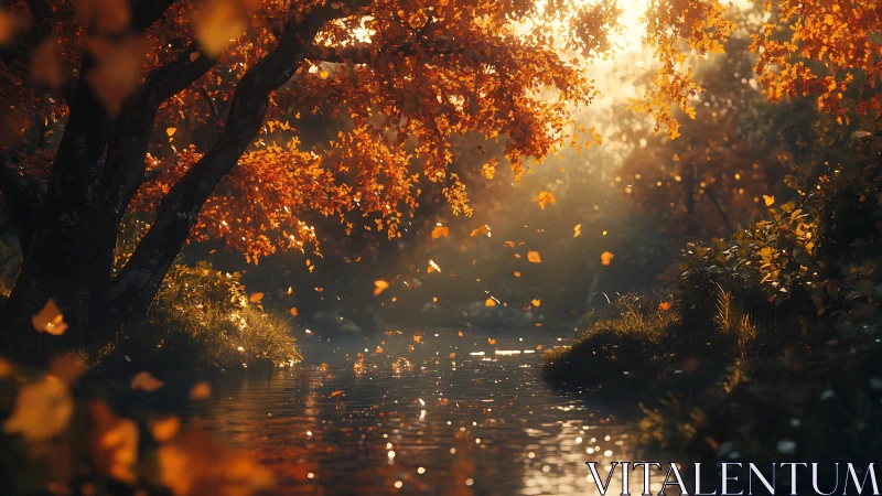 Sunlit autumn river under glowing orange forest canopy.