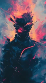 Flaming cyber specter with neon eye in blazing dusk haze