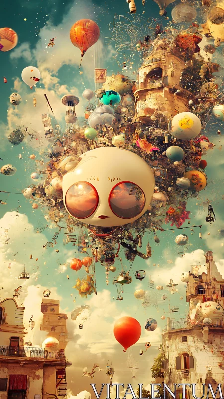 Surreal floating city orb with large-eyed character head