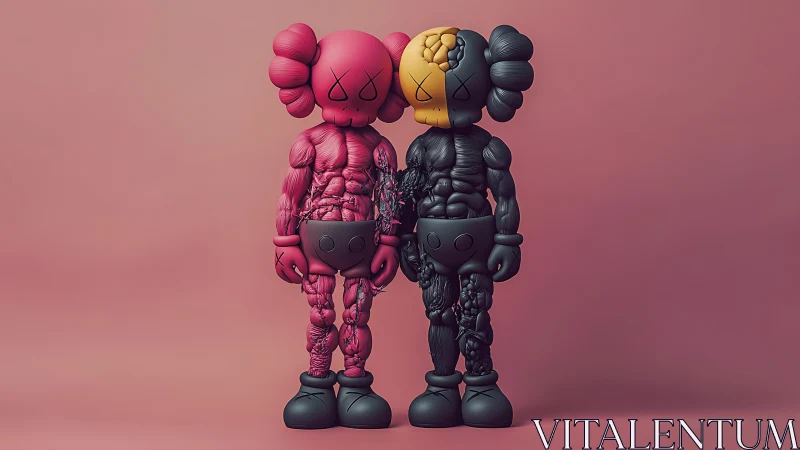 Symmetric dissected vinyl figures expose stylized muscular anatomy