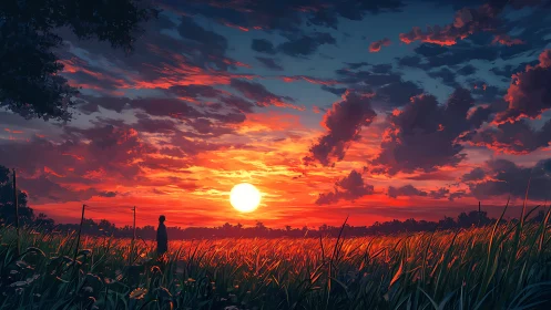 Low-angle field sunset with silhouetted figure and high-contrast sky