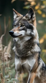 Photorealistic wolf portrait in soft autumn woodland bokeh.