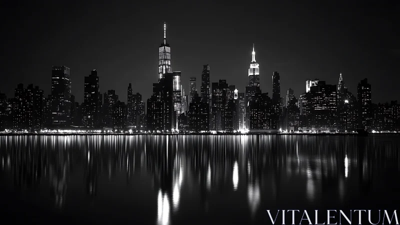 Monochrome urban skyline reflects across glassy nocturnal harbor