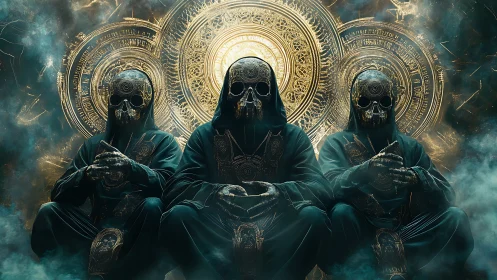 Mystic robed skull guardians sit before glowing sigils