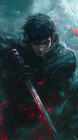 Brooding swordsman amid crimson stormlit brushstrokes.