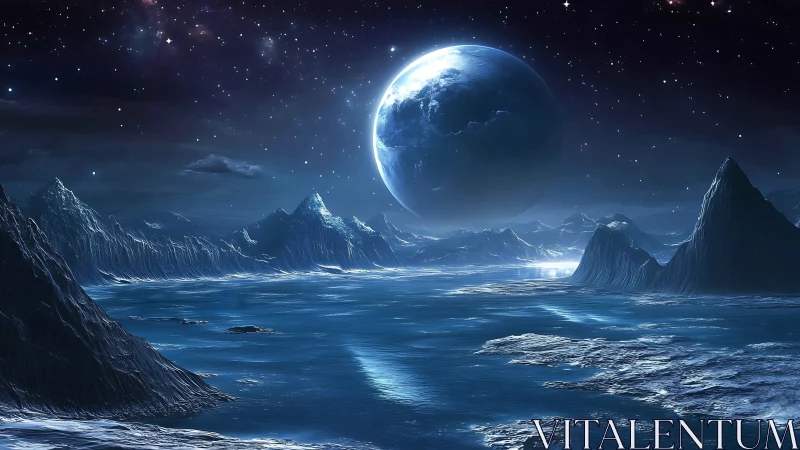 Frozen alien seascape under distant luminous planet.