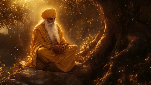 Golden mystic listens to the forest breathe in quiet light