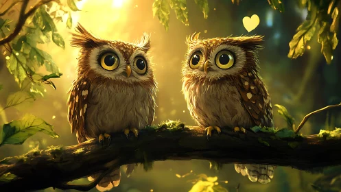 Two Adorable Cartoon Owls on a Branch in a Glowing Forest Scene.