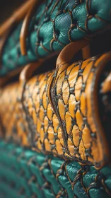 Macro photograph reveals textured teal and amber leather