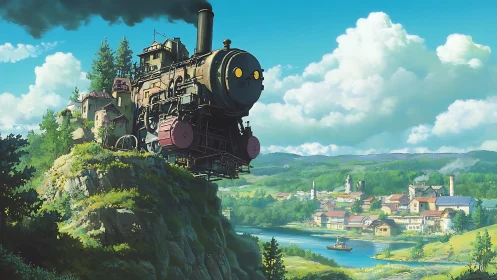 Steam train house suspended above riverside village.