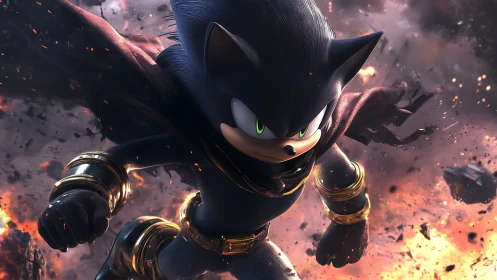 High-detail 3D hedgehog hero charging through fiery rubble