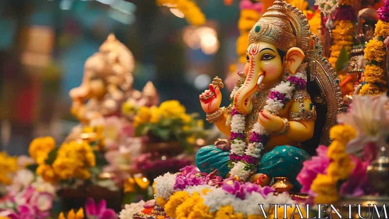 Floral-wreathed Ganesha idol glows in festive temple light