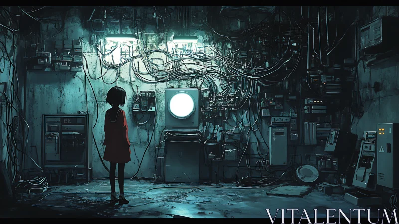 Solitary child studies overloaded cybernetic control wall in decay