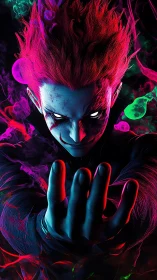 Sinister neon sorcerer reaching through blazing chroma haze.