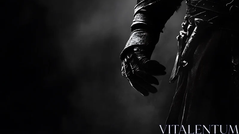 Armored assassin’s gloved hand emerging from shadowed void.