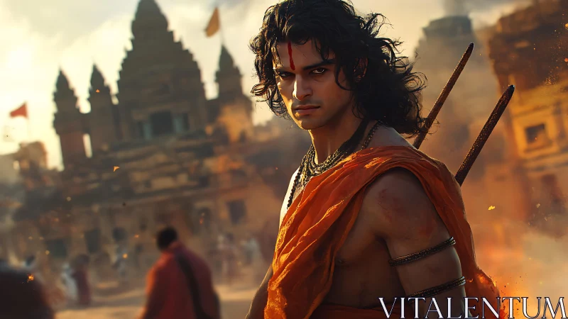 Warrior monk in orange robes before ancient temple city.