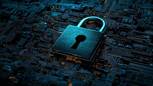 Metallic padlock anchors cybersecurity concept on dense PCB surface