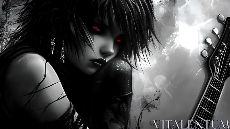 Gothic character portrait with electric guitar and red eyes.