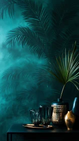 Teal palm wall with gold vases and dark glassware decor.