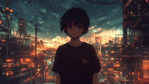 Backlit youth in dense neon megacity under stormlit dusk sky