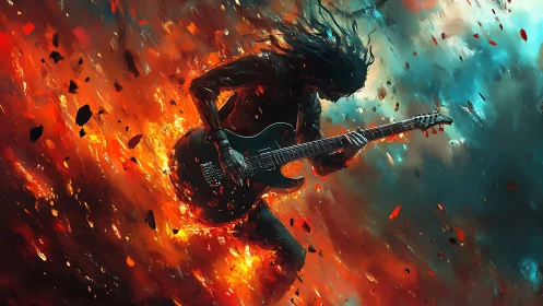 Guitarist shreds electric solo amid explosive firestorm
