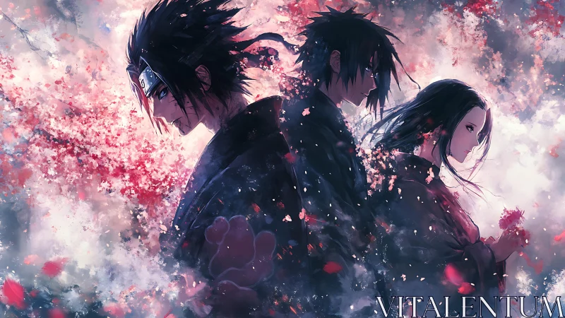 Triptych of anime figures amid dynamic particulate bloom and haze