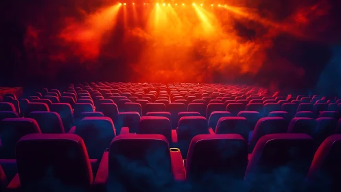 Cinematic auditorium with neon haze and dramatic stage lighting.