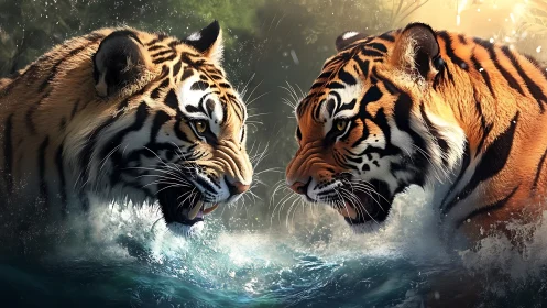 Two Tigers in Water Confrontation
