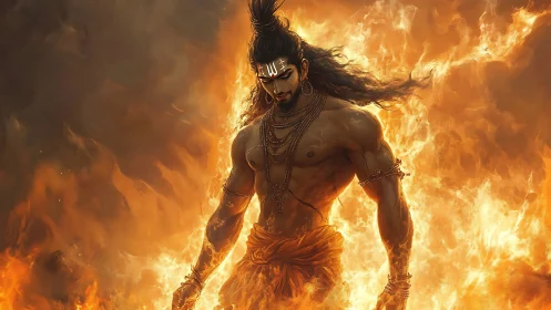 Mythic fire warrior in infernal vortex with dynamic lighting.