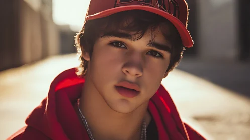 Golden hour street portrait of teen in red cap and hoodie.
