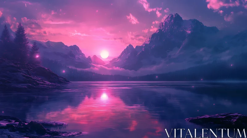 Spectral magenta alpine lake under synthetic twilight sun.