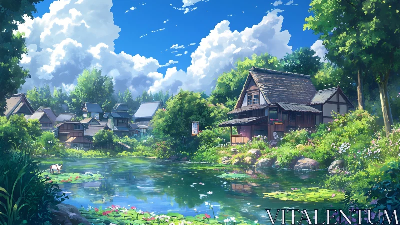 Sunlit rural house overlooks tranquil lily pond and village