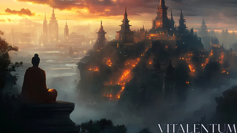 Meditative monk overlooking tiered temple city at twilight