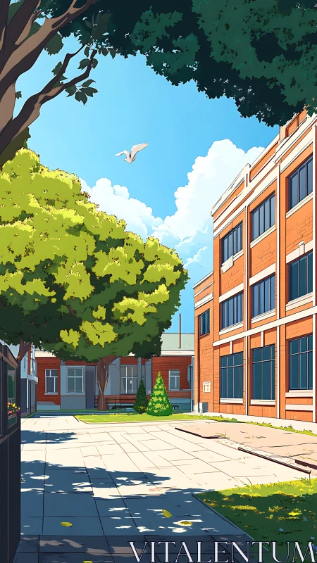 Tree-lined brick courtyard beside institutional building.