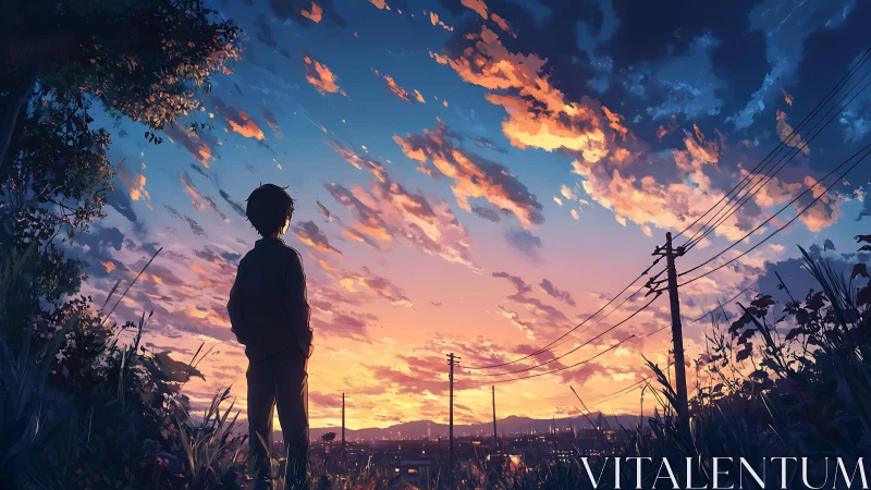 Silhouetted figure observing layered clouds at evening sky.