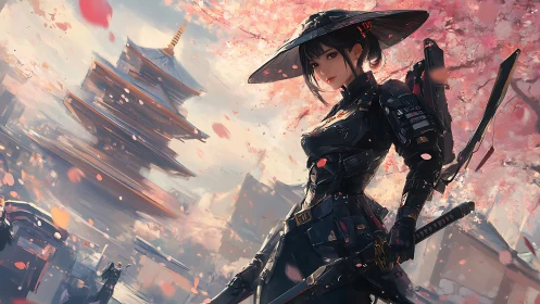 Cyber samurai warrior in sakura pagoda environment.