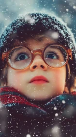 Child in Winter Attire with Glasses in Snowfall