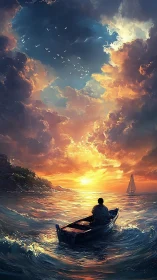 Solitary rowboat on open sea under dense sunset clouds.