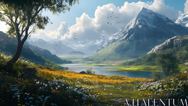 Snow-capped mountain valley with lake and wildflower meadow.