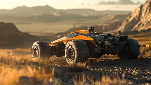 Solar-dusted desert rover prowls through cinematic badlands.