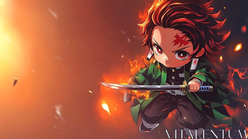 Fiery chibi swordsman charges forward through blazing embers