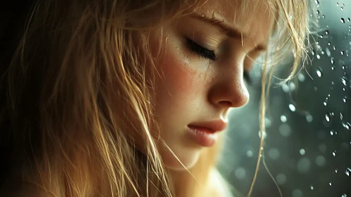 Melancholic girl profile against rain-soaked window glass.