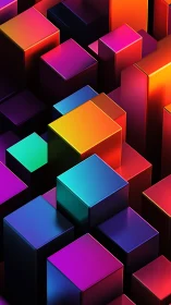 Prismatic neon cityscape built from glowing gradient cubes.