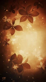 Brown and golden flowers with glowing particles on warm textured background.