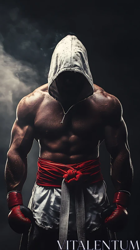 Hooded boxer stands in dark ring with red gloves on.