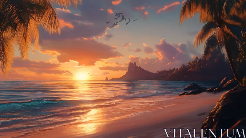 Tropical Beach Sunset with Mountain Vista